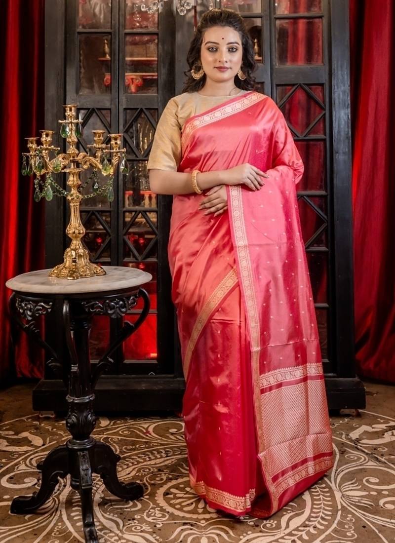 pink hand woven katan silk blend saree