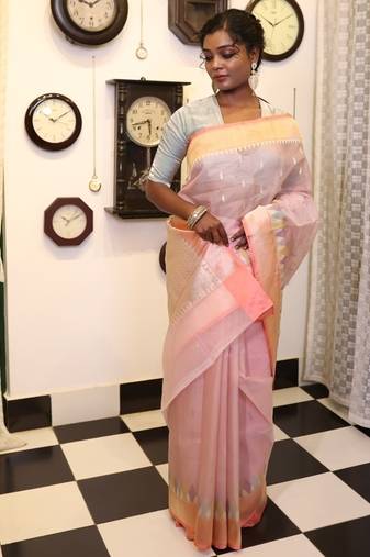 pink hand woven silk blend saree
