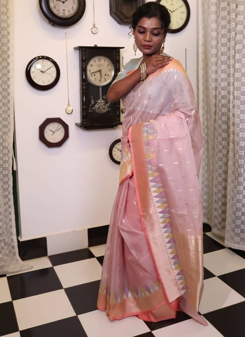 pink hand woven silk blend saree