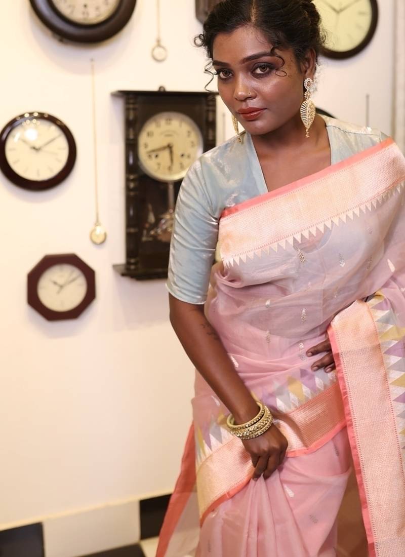 pink hand woven silk blend saree