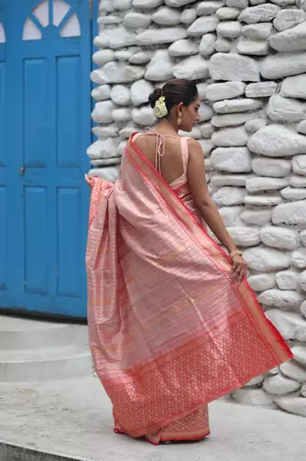 pink hand woven katan silk blend zari woven all seasons sarees