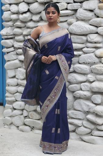 blue hand woven katan silk blend saree