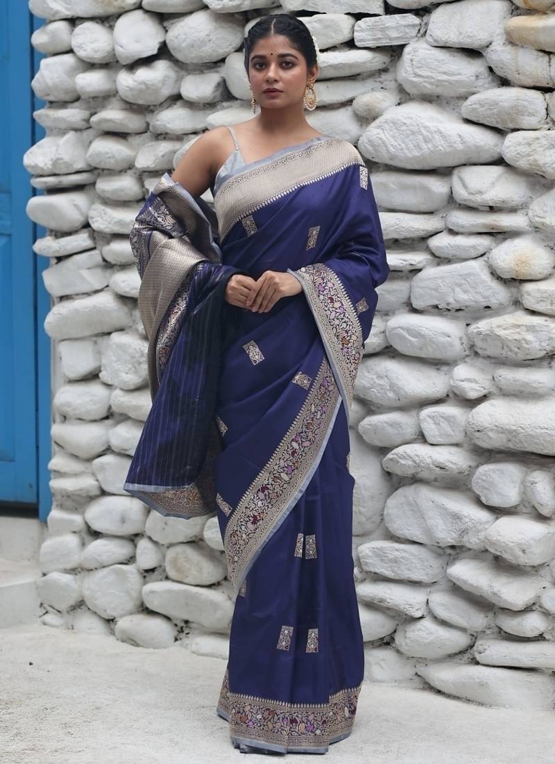 blue hand woven katan silk blend saree