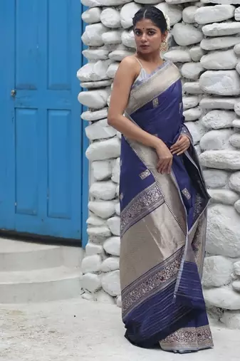 blue hand woven katan silk blend zari woven all seasons sarees