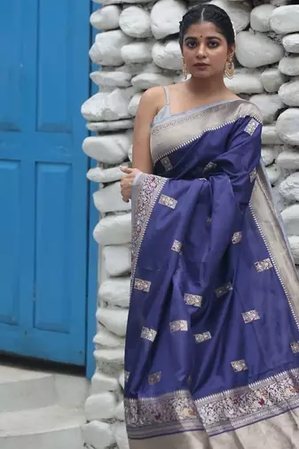 blue hand woven katan silk blend zari woven all seasons sarees