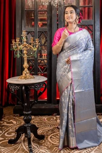 grey woven silk blend cotton saree