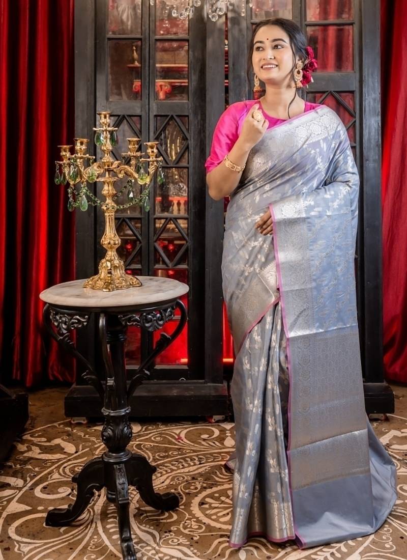 grey woven silk blend cotton saree