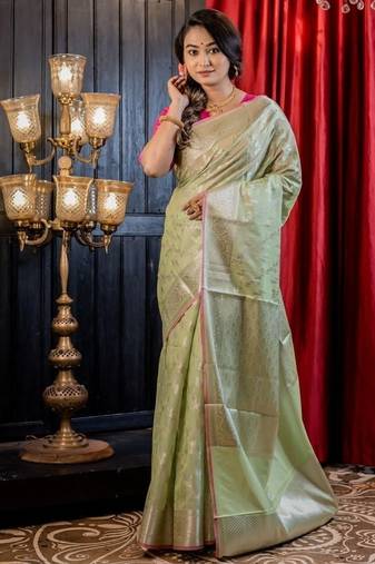 green woven silk blend cotton saree