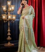 green woven silk blend cotton saree