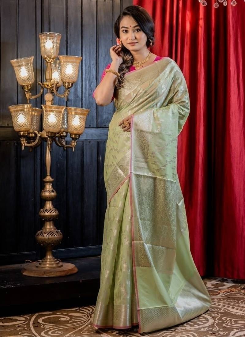 green woven silk blend cotton saree