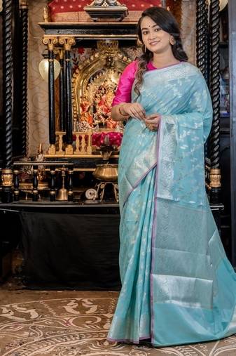 green woven silk blend cotton saree