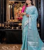 green woven silk blend cotton saree