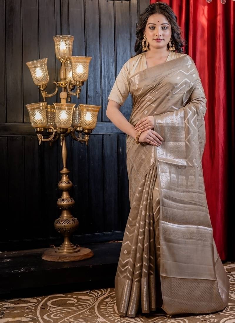 brown woven faux silk blend blend saree