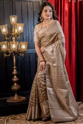 brown woven faux silk blend blend zari woven all seasons sarees