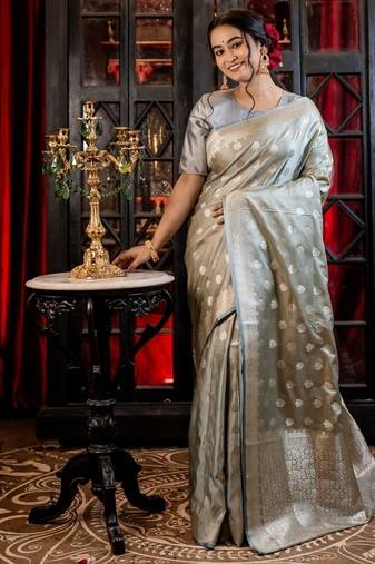 grey woven silk blend blend saree