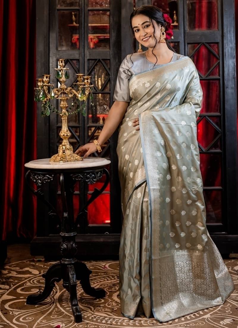 grey woven silk blend blend saree