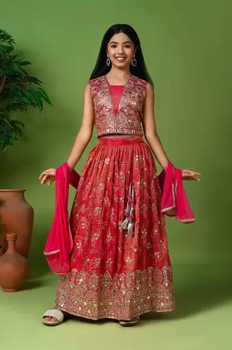 pink faux art silk lehenga choli with embroidery