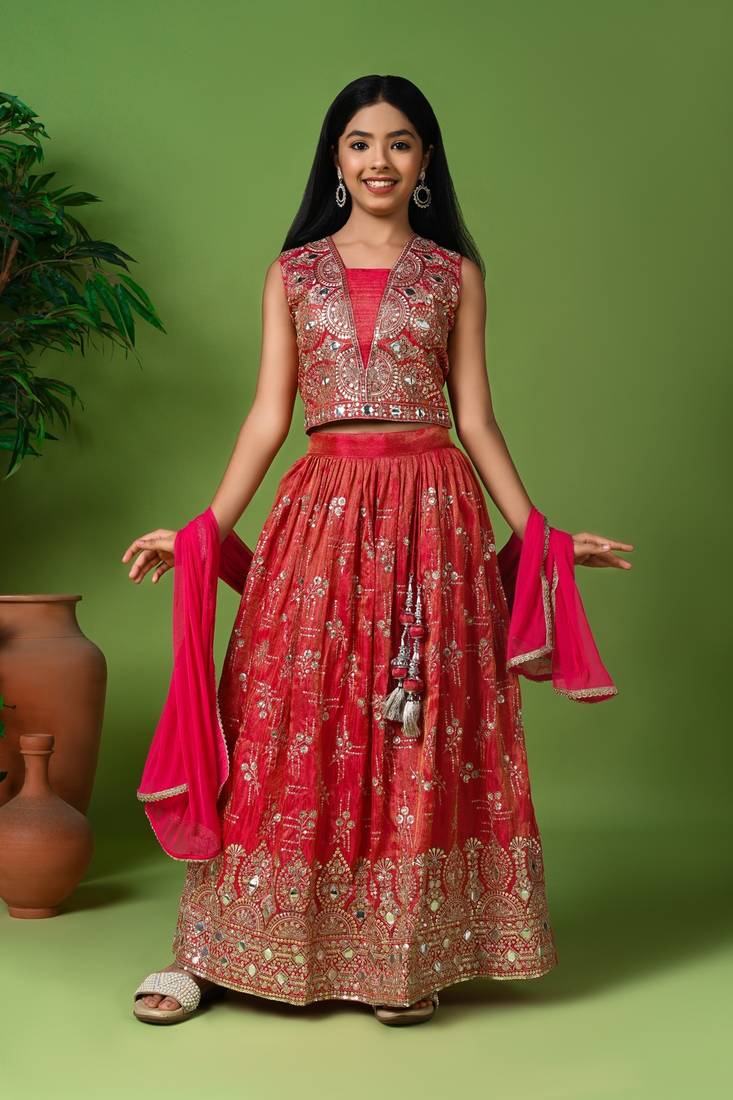 pink faux art silk lehenga choli with embroidery