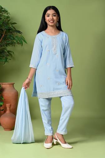 sky blue embroidered kurta pant set with dupatta