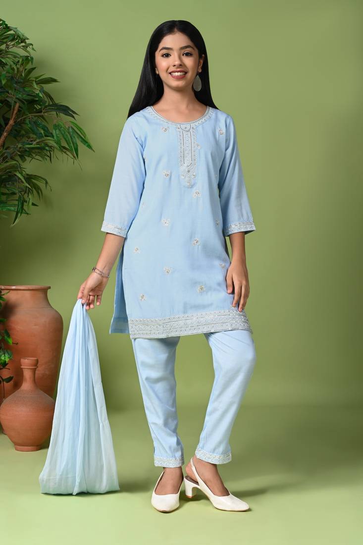 sky blue embroidered kurta pant set with dupatta