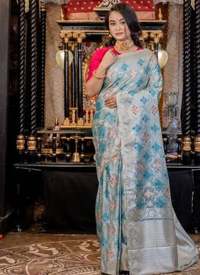 blue woven silk blend blend zari woven all seasons sarees 1