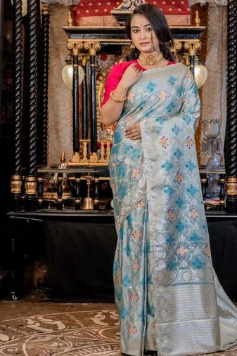 blue woven silk blend blend saree