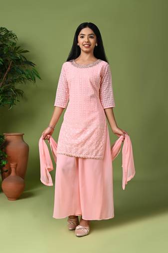 pink embroidered georgette kurta palazzo set
