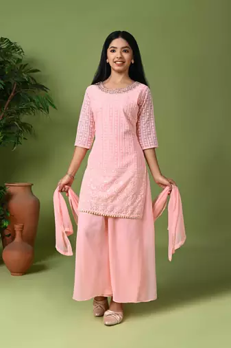 pink embroidered georgette kurta palazzo set