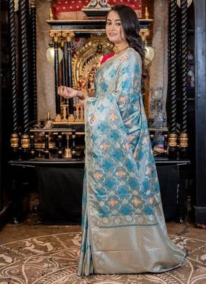 blue woven silk blend blend zari woven all seasons sarees 3