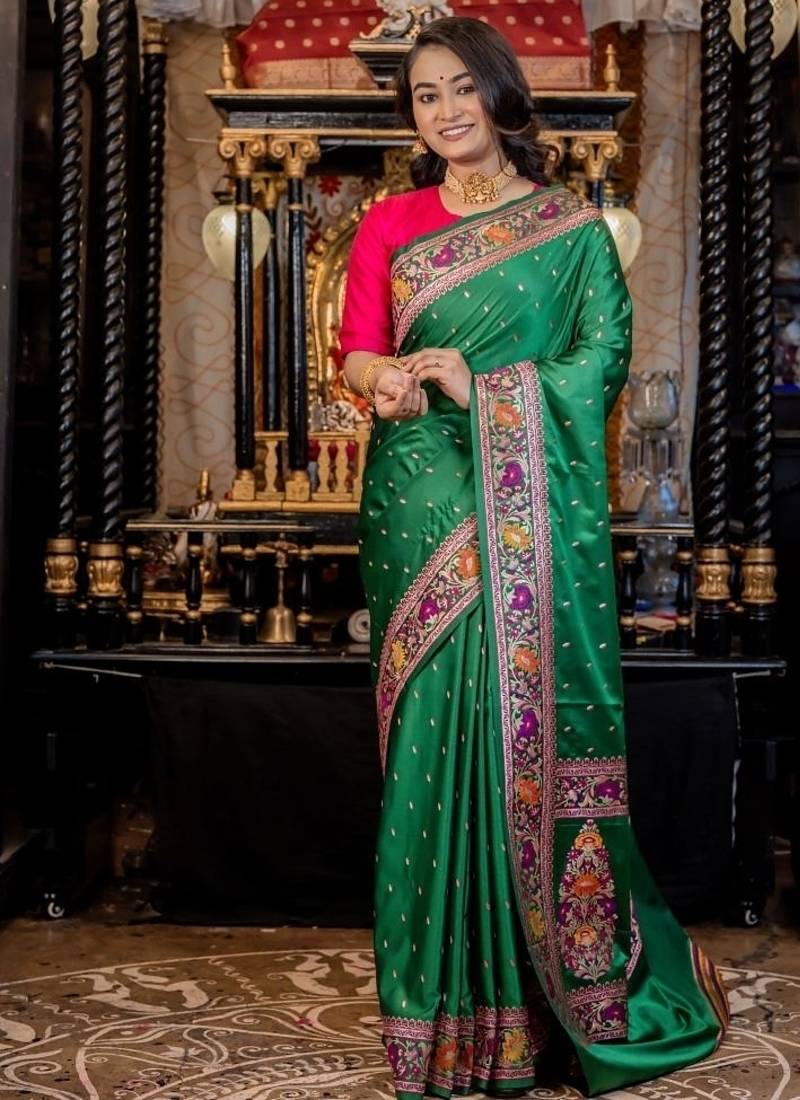 green woven silk blend blend saree