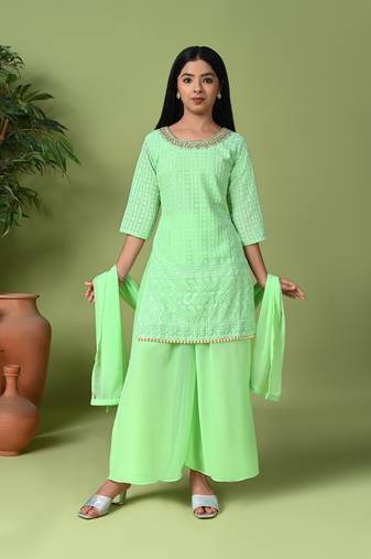 green embroidered georgette kurta palazzo set