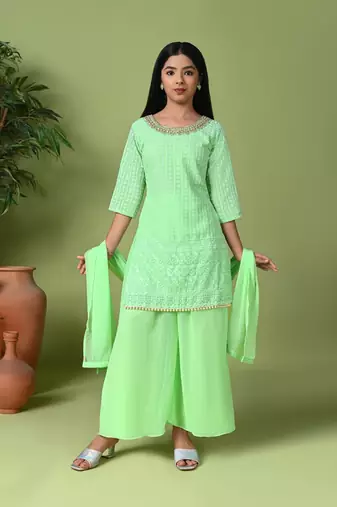 green embroidered georgette kurta palazzo set