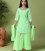 green embroidered georgette kurta palazzo set