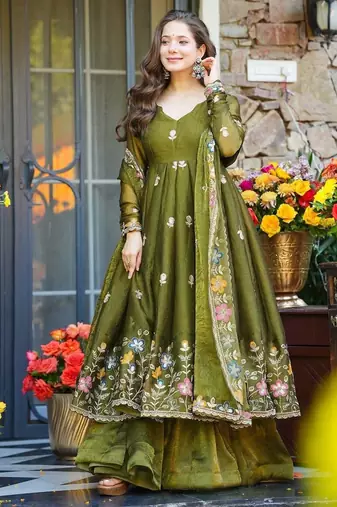 Green Embroidered Organza Anarkali Suit Set