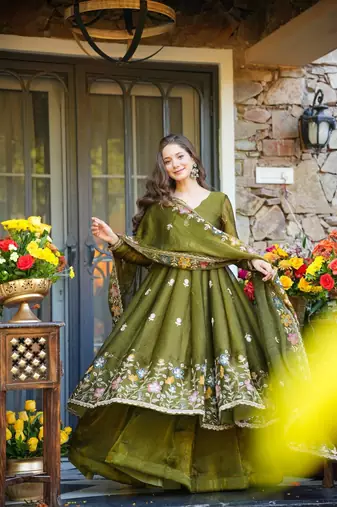 Green Embroidered Organza Anarkali Suit Set