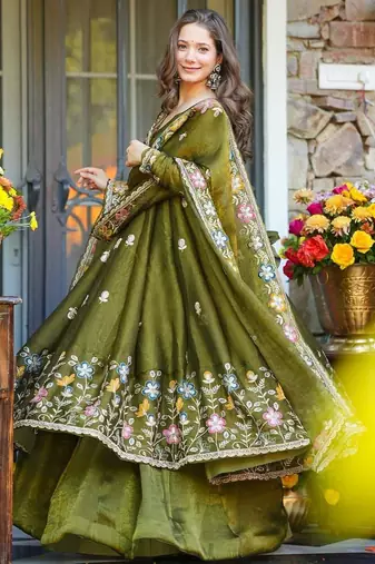 Green Embroidered Organza Anarkali Suit Set