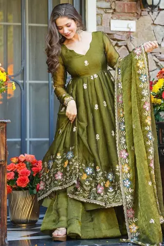 Green Embroidered Organza Anarkali Suit Set