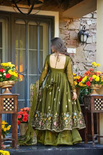 Green Embroidered Organza Anarkali Suit Set