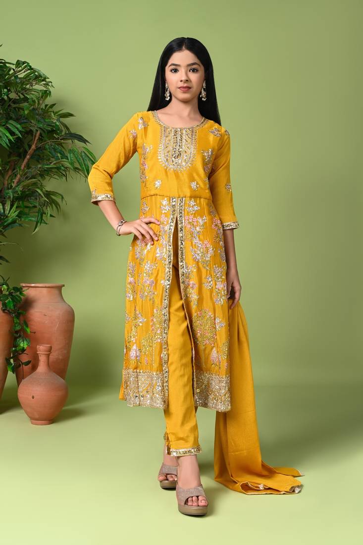 gold embroidered chinon salwar suit with dupatta