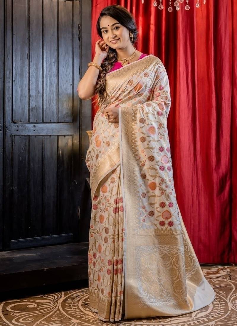 white woven silk blend blend saree