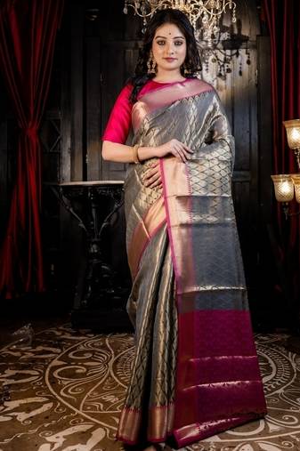 grey woven silk blend blend saree