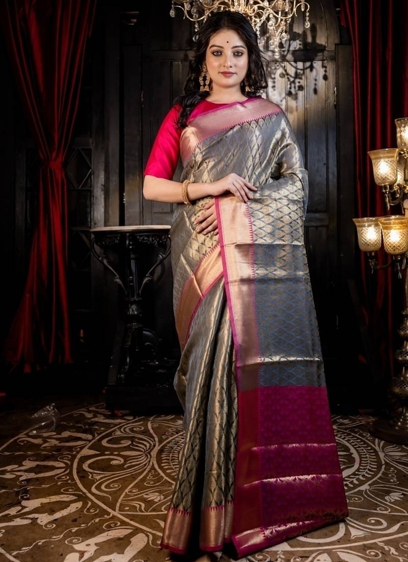 grey woven silk blend blend saree