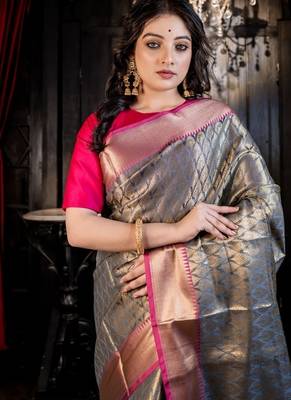 grey woven silk blend blend zari woven all seasons sarees 2