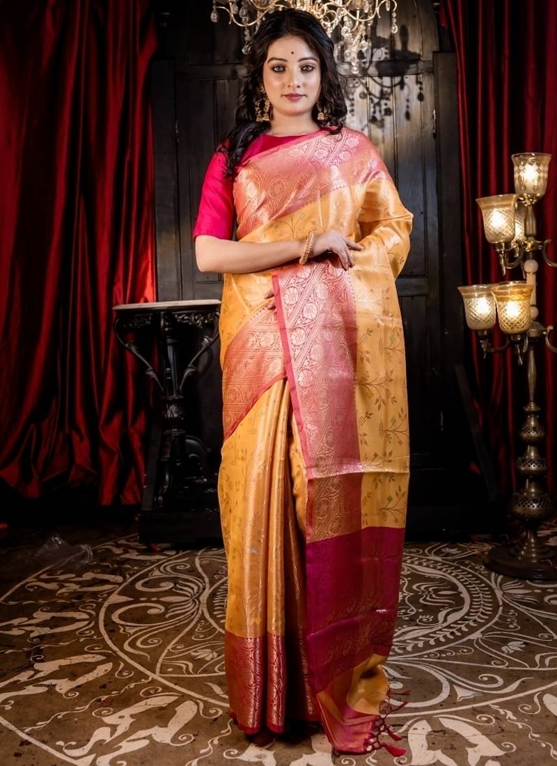 yellow woven silk blend blend saree