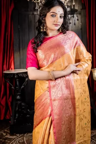 yellow woven silk blend blend zari woven all seasons sarees