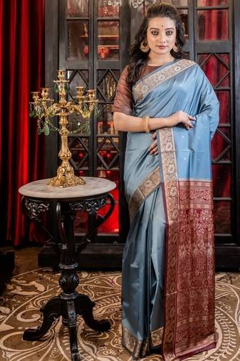 blue woven silk blend blend saree