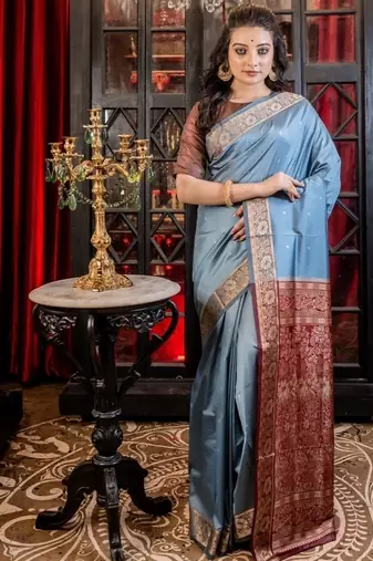 blue woven silk blend blend saree