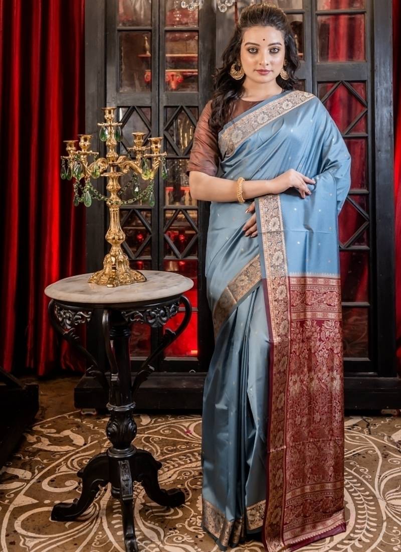 blue woven silk blend blend saree