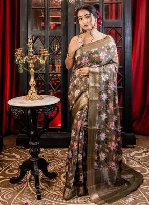 green woven chanderi mirror work all seasons sarees 1