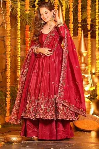 Red Organza Anarkali Suit Set